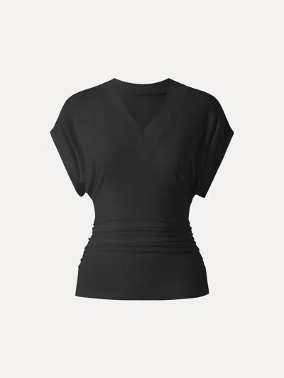 Oglmove Semi-sheer Lyocell Cashmere Blend V-neck Short Sleeve Side Ruched Tee In Black