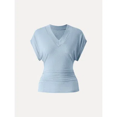 Oglmove Semi-sheer Lyocell Cashmere Blend V-neck Short Sleeve Side Ruched Tee In Blue