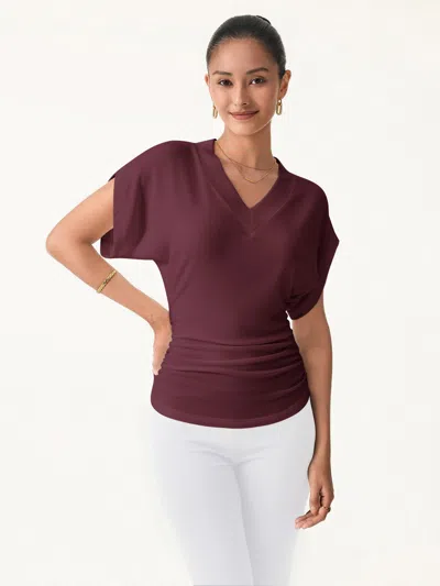 Oglmove Semi-sheer Lyocell Cashmere Blend V-neck Short Sleeve Side Ruched Tee In Burgundy