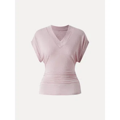 Oglmove Semi-sheer Lyocell Cashmere Blend V-neck Short Sleeve Side Ruched Tee In Pink