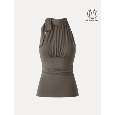 Oglmove Side Ruched High Tie Neck New Airy Bra Tank In Gray
