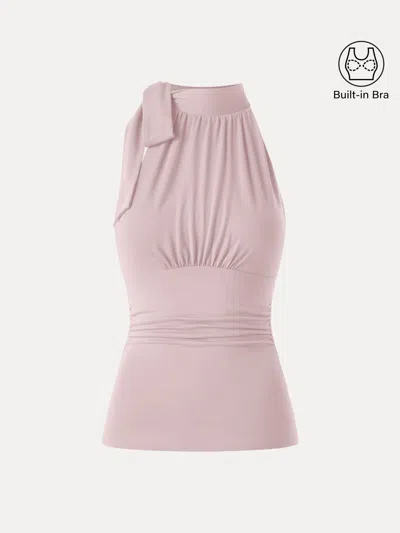 Oglmove Side Ruched High Tie Neck New Airy Bra Tank In Pink