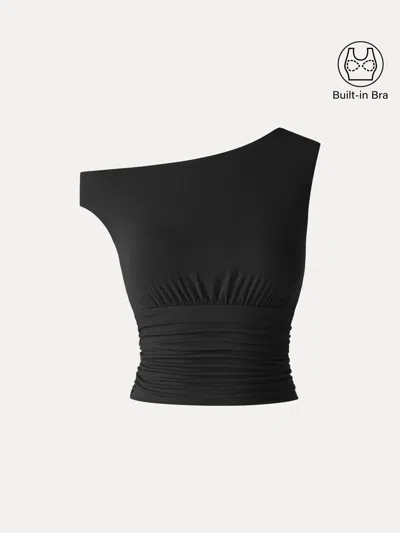 Oglmove Skinkiss Asymmetrical Neck Cropped Ruched Bra Top In Black