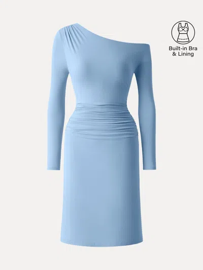 Oglmove Skinkiss Asymmetrical Neck Ruched Knee Bra Dress In Blue