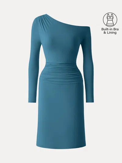 Oglmove Skinkiss Asymmetrical Neck Ruched Knee Bra Dress In Blue