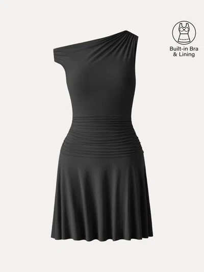 Oglmove Skinkiss Asymmetrical Ruched Fit-and-flare Mini Bra Dress In Black