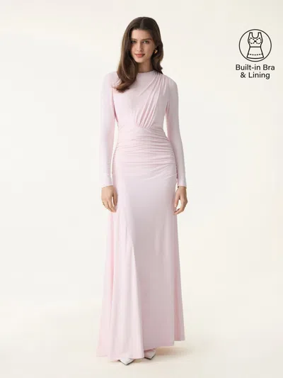 Oglmove Skinkiss Boatneck Angled Ruched Maxi Bra Dress In Pink