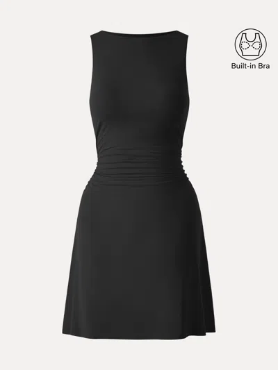 Oglmove Skinkiss Boatneck Ruched A-line Mini Bra Dress In Black