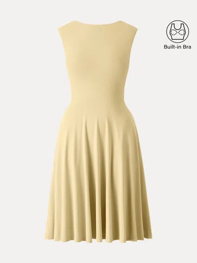 Oglmove Skinkiss Boatneck Wide Shoulder Bra Dress With Pockets In Yellow