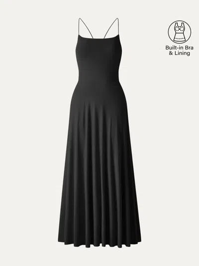 Oglmove Skinkiss Classy Spaghetti Open Back Midi Bra Dress With Pockets In Black