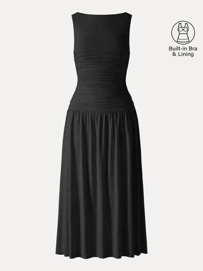 Oglmove Skinkiss Cooling Boatneck Ruched Midi Bra Dress In Black