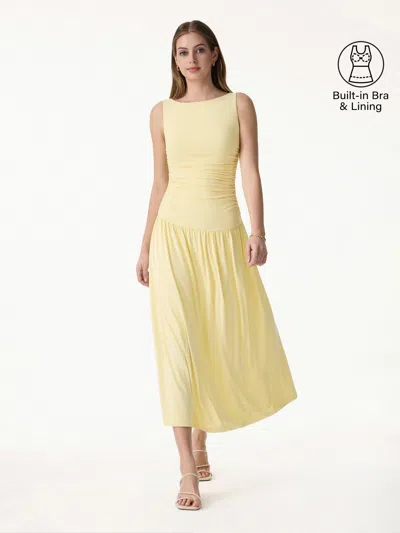 Oglmove Skinkiss Cooling Boatneck Ruched Midi Bra Dress In Yellow