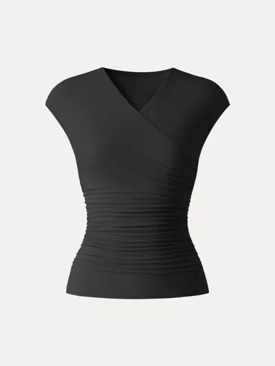Oglmove Skinkiss Cooling Surplice Ruched Cap Sleeve Summer Top In Black
