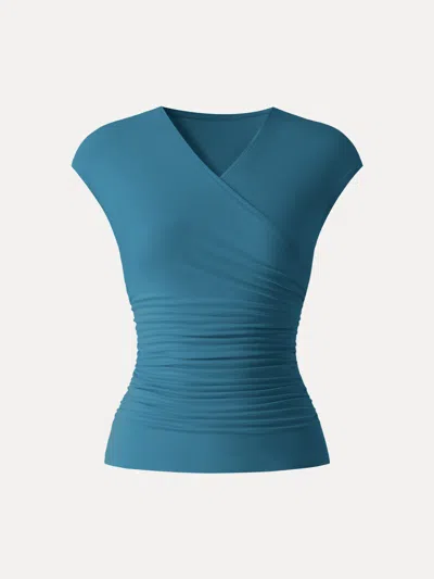 Oglmove Skinkiss Cooling Surplice Ruched Cap Sleeve Summer Top In Blue