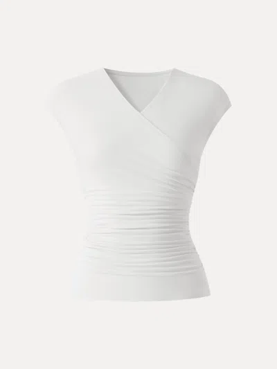 Oglmove Skinkiss Cooling Surplice Ruched Cap Sleeve Summer Top In White
