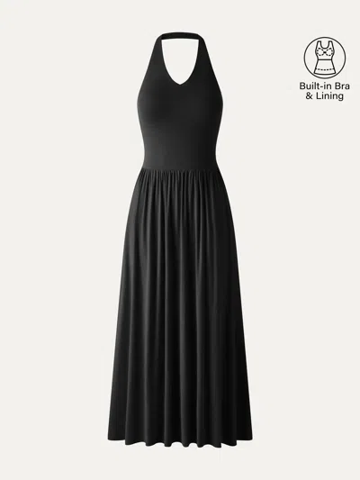 Oglmove Skinkiss Halter Ruched Midi Bra Dress With Pockets In Black
