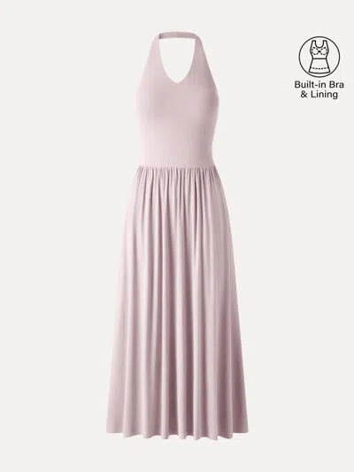 Oglmove Skinkiss Halter Ruched Midi Bra Dress With Pockets In Pink