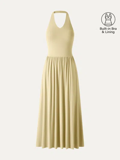 Oglmove Skinkiss Halter Ruched Midi Bra Dress With Pockets In Yellow