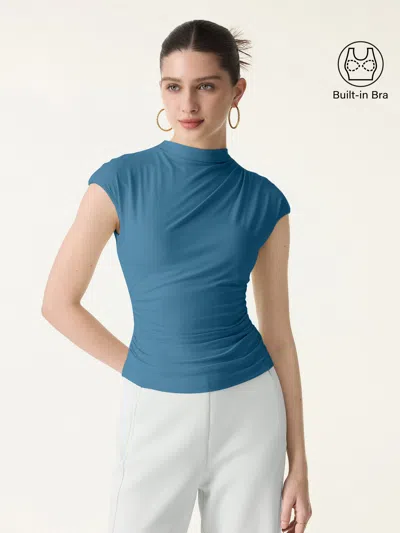 Oglmove Skinkiss Mockneck Ruched Cropped Bra Top In Blue
