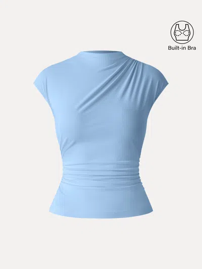 Oglmove Skinkiss Mockneck Ruched Cropped Bra Top In Blue