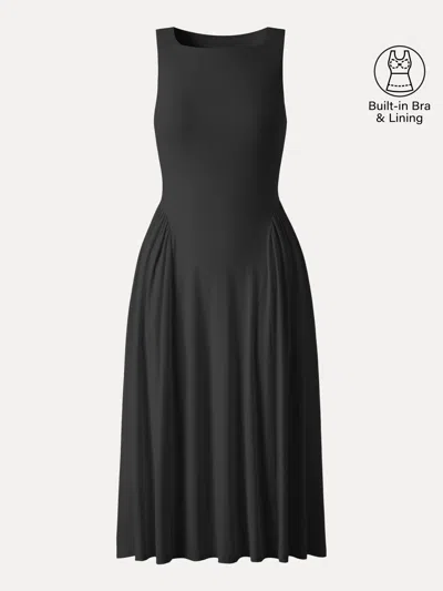 Oglmove Skinkiss Ruched Fit-and-flare Midi Bra Dress With Pockets In Black