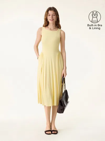 Oglmove Skinkiss Ruched Fit-and-flare Midi Bra Dress With Pockets In Yellow