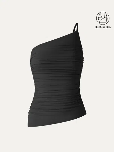 Oglmove Skinkiss Ruched One Shoulder Asymmetrical Bra Top In Black