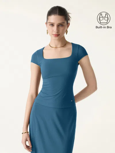 Oglmove Skinkiss Square Neck Cap Sleeve Cropped Bra Top In Blue