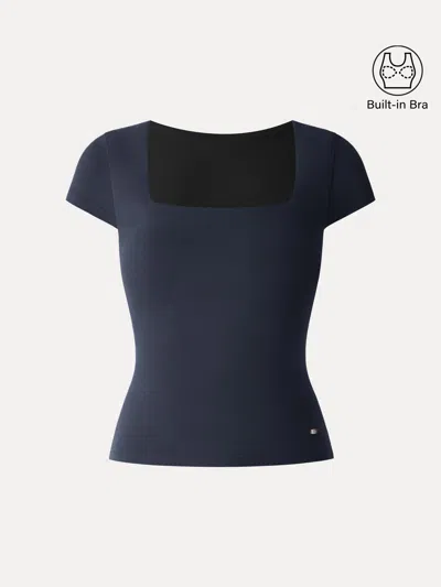 Oglmove Skinkiss Square Neck Cap Sleeve Cropped Bra Top In Blue