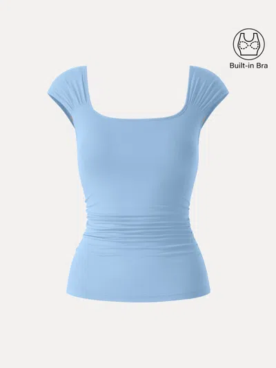Oglmove Skinkiss Square Neck Cap Sleeve Ruched Bra Top In Blue