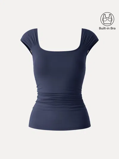 Oglmove Skinkiss Square Neck Cap Sleeve Ruched Bra Top In Blue