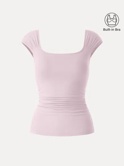 Oglmove Skinkiss Square Neck Cap Sleeve Ruched Bra Top In Pink