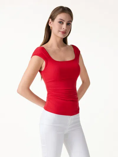 Oglmove Skinkiss Square Neck Cap Sleeve Ruched Bra Top In Red