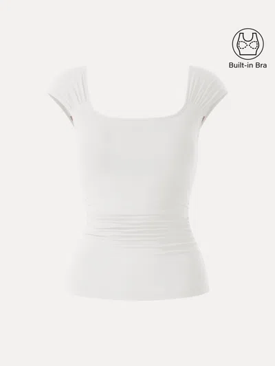 Oglmove Skinkiss Square Neck Cap Sleeve Ruched Bra Top In White