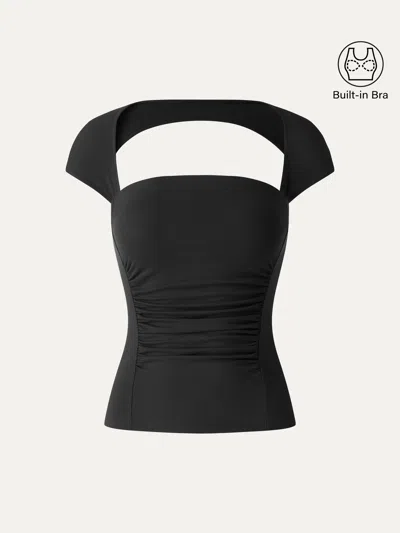 Oglmove Skinkiss Square Neck Cutout Back Ruched Bra Top In Black