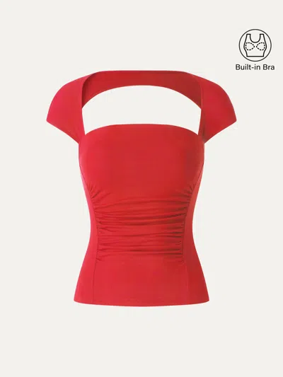 Oglmove Skinkiss Square Neck Cutout Back Ruched Bra Top In Red