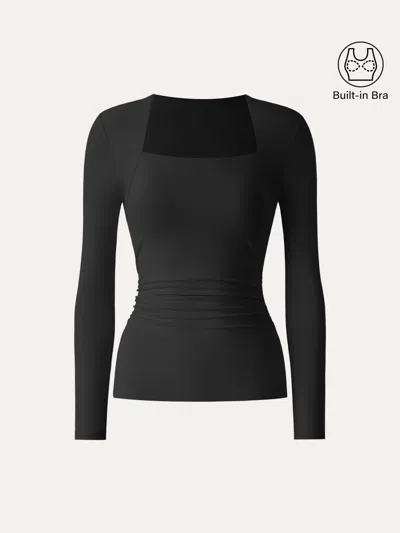 Oglmove Skinkiss Trapeze Neck Ruched Long Sleeve Bra Top In Black