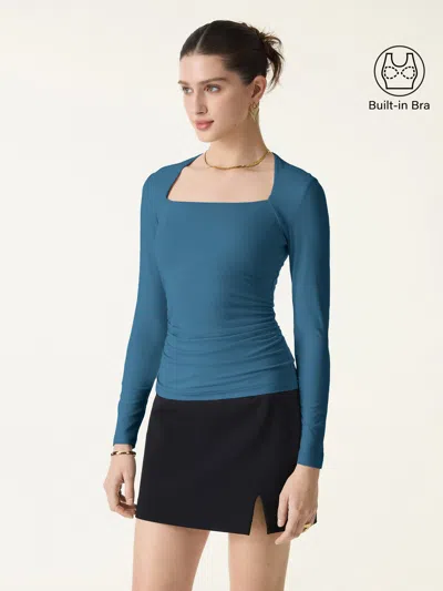 Oglmove Skinkiss Trapeze Neck Ruched Long Sleeve Bra Top In Blue