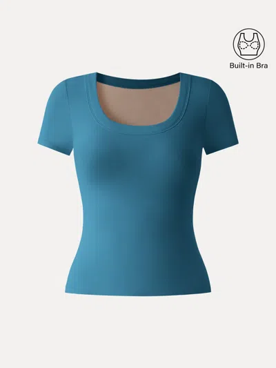 Oglmove Skinkiss U-neck Short Sleeve Everyday Bra Top In Blue