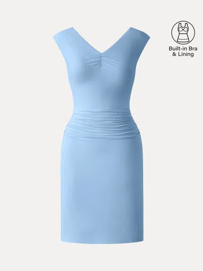 Oglmove Skinkiss V-neck Cap Sleeve Ruched Mini Bra Dress In Blue