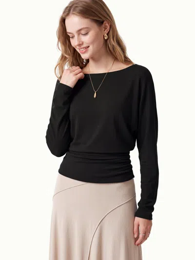 Oglmove Slash Neck Batwing Sleeve Ruched Banded Hem Top In Black