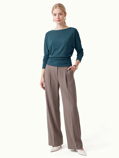 Oglmove Slash Neck Batwing Sleeve Ruched Banded Hem Top In Blue