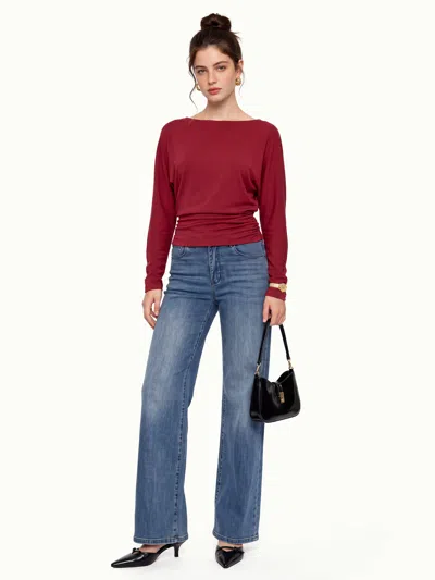 Oglmove Slash Neck Batwing Sleeve Ruched Banded Hem Top In Red