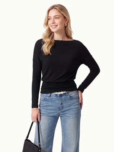 Oglmove Slash Neck Long Sleeve Ruched Banded Hem Top In Black