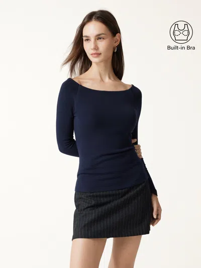 Oglmove Slash Neck Raglan Sleeve Bra Top In Smoky Navy