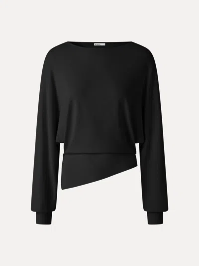 Oglmove Slub Ribbed Boatneck Long Sleeve Asymmetrical Hem Top In Black