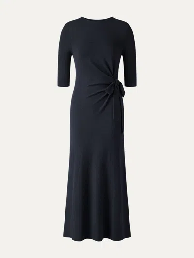 Oglmove Slub Ribbed Round Neck Elbow Sleeve Tie-waist Midi Dress In Black Navy
