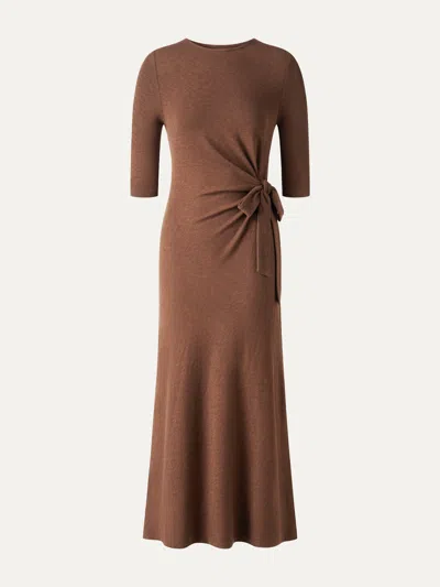 Oglmove Slub Ribbed Round Neck Elbow Sleeve Tie-waist Midi Dress In Brown