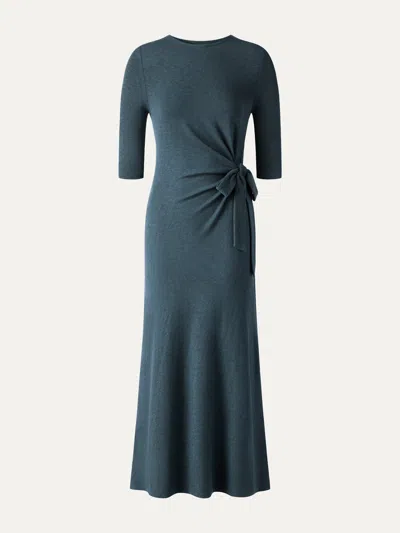 Oglmove Slub Ribbed Round Neck Elbow Sleeve Tie-waist Midi Dress In Forest Night Green