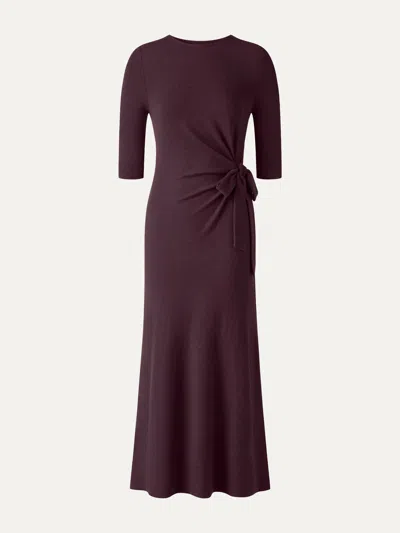 Oglmove Slub Ribbed Round Neck Elbow Sleeve Tie-waist Midi Dress In Raisin Purple